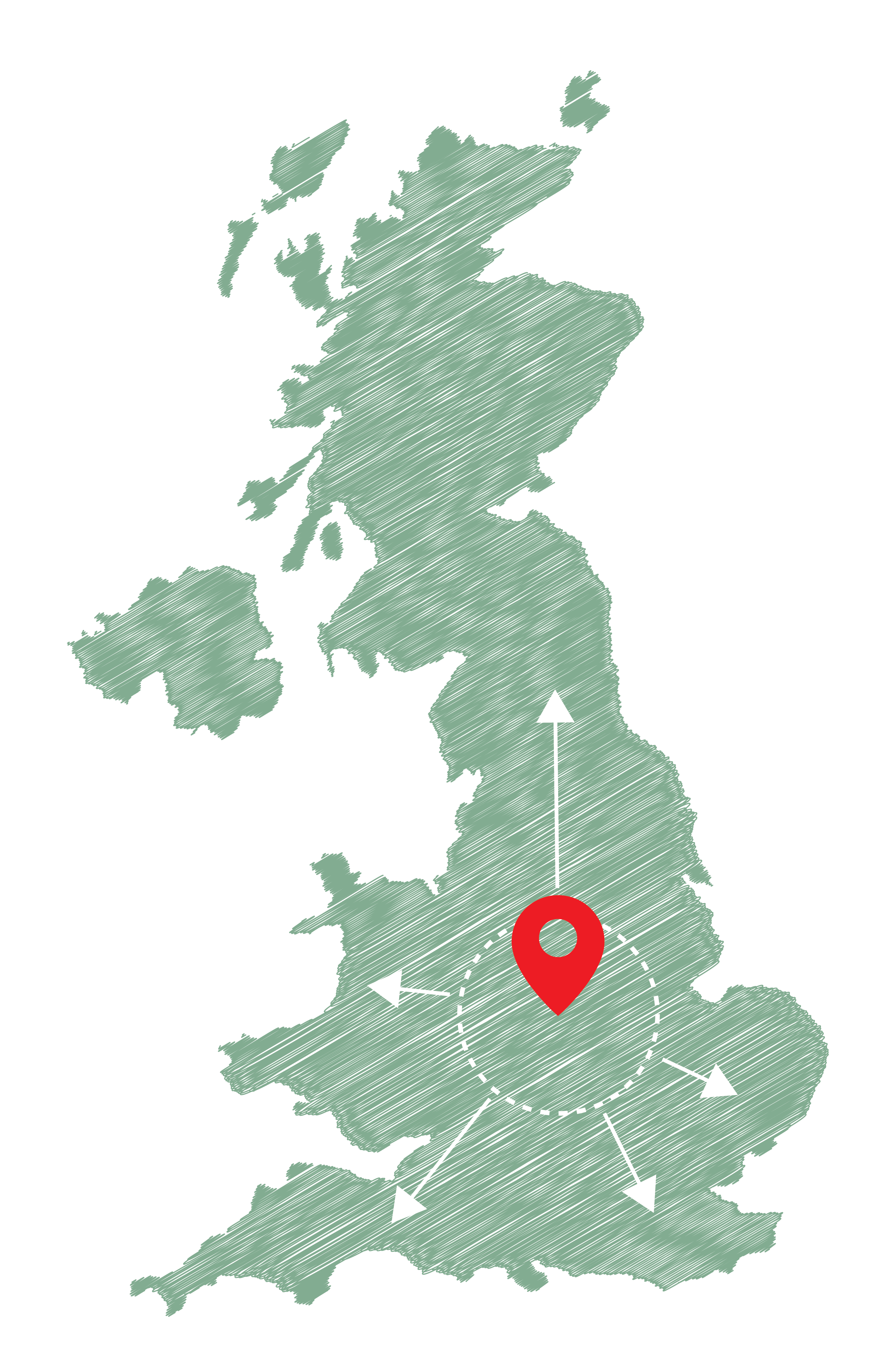 A map of the UK showing how  Solutions diverse is located in the midlands, giving access to the Whole United Kingdom.